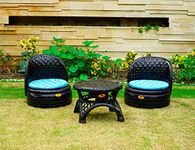 De'Dzines Eco-Friendly Handcrafted Low Coffee Table and PoolChairs with Cushions for Living Room, Garden, Outdoor - (Set of 3, Black)