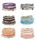 PATISORNA 6 Sets Bohemian Stackable Bead Bracelets for Women Multicolor Stretch Beaded Bracelets Layered Bead Adjustable Bracelet Pink Black Turquoise Stretch Bracelets