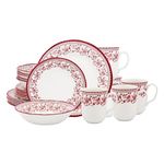 Tudor Royal 24-Piece Round Dinnerware Set, Service for 6, Aster Pink Design, Red Floral, Plates Bowls Mugs Dishes, High Gloss Premium Quality