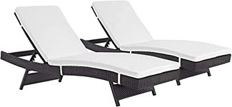 DEVOKO Adjustable Outdoor Chaise Lounge Chair Rattan Wicker Patio Lounge Chair White Set 2 for Garden, Deck, Lawn, Poolside, Balcony (Dark Brown & White)