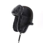 Mumcu's Leather Shearling Sheepskin Aviator Russian Ushanka Hunting Winter Trapper Fur Hat (Matt Black, Medium)