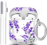 Wonjury Protective Clear Floral Case Cover with Cleaner Kit Portable Shockproof Women Girls with Keychain for Apple Airpods 2/1 Charging Case - Purple Flower