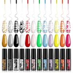 Kredioo Nail Art Gel Liner Gel Polish-12 PCS Soak Off UV/LED Black White Pink Glitter Gold Neon Painted Gel Set, Built Thin Pens Brush For Painted Swirl Nails Salon DIY French Manicure Kit