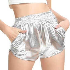 MAKARTHY Women's Metallic Shorts Elastic Waist Shiny Sparkly Rave Pants (Silver, X-Small)