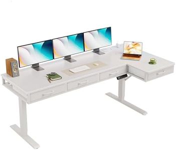 OffiGo 63 Inch L Shaped Electric Standing Desk with Drawers, Height Adjustable Large Desk with Power Outlets, Sit Stand Table, Writing Computer Desk for Home, Office, Workstation,White