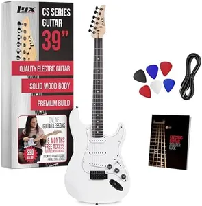 LyxPro CS 39” Electric Guitar Kit for Beginner, Intermediate & Pro Players with Guitar, Amp Cable, 6 Picks & Learner’s Guide | Solid Wood Body, Volume/Tone Controls, 5-Way Pickup - White