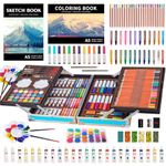 KINSPORY Art Supplies, Art Kit with 2 Sketch Books, 139 Pack Deluxe Wooden Art Set Crafts, Watercolor Pens, Colored Pencils, Oil Pastels, Paints, Painting Drawing Coloring Gift for Artists Kids (Blue)