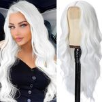 MYQUEEN White Wig for Women Long Wavy Wig 26 Inch Glueless Curly Synthetic Lace Front Wig Middle Part Natural Looking Heat Resistant Fiber Wig for Party Holloween Cosplay