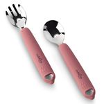 Cubkins Steel Spoon & Fork Set for Babies with Soft Silicone Handle | Non Toxic, Food Safe and BPA Free | Washable and Reusable (Raspberry)