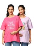 The Mom Store Mom T-Shirt | Cotton | Pre and Post Pregnancy | Quirky Statements | Comfortable | Oversized | Pack of 2 | Fuchsia & Lavender | XL