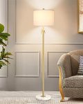 Modern Floor Lamp for Living Room, Adjustable Height Standing Lamp with Marble Base, 3-Way Dimmable Gold Brass Tall Pole Light with White Linen Shade for Reading, Bedroom, Chain Switch, Bulb Included