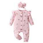 Joureker Newborn Baby Girl Clothes Long Sleeve Ruffle Romper Bodysuit Floral Print Onesie Outfit Set, Pink, 0-3 Months