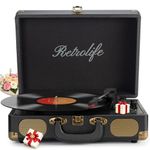 Retrolife® Record Player 3-Speed Suitcase Portable Belt-Driven Vinyl Record Players with Built-in Speakers Wireless Playback RCA Line Out AUX in Headphone Jack Vintage Turntable, Black