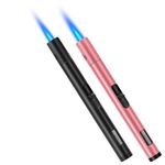 Butane Torch Lighter 2 Pack Jet Windproof Lighter Long Reach Gas Pen Torch Flame Lighter with Gas Window for BBQ Camping, Candles, Fireplace, Grill (Black&Rose Gold) (Without Butane)