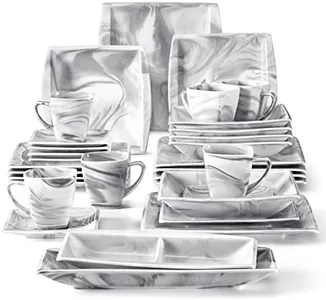 MALACASA Dinnerware Sets, 32 Pieces Porcelain Plates and Bowls Sets for 6, Marble Grey Dishes with Plates and Bowls, Cups and Saucers, Side Dish Plates, Square Dinner Set, Series Blance