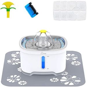 Cubic Cat Water Fountain Stainless Steel, Intelligent Auto Power Off Pump, Pet Fountain with 3 Carbon Filters, 1 Foam Filter, 1 Mat and 2 Cleaning Brushes, Water Level Window with LED Light 85 oz/2.5L