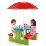 DORTALA Kids Picnic Table, Outdoor Toddler Table and Bench Set with Removable Umbrella, Plastic Kids Activity Table Set for Backyard, Garden, Nursery, Gift for Boys Girls Age 3+, Red