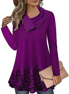 Miusey Purple Sweater for Women Long Shirts for Leggings Cowl Neck Tunic Blouses Loose Sweatshirts Winter Clothes Carmine Flower Medium