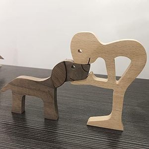 Semeid Dog Lovers Wooden Statues Standing Man Kiss Puppy Dog Wood Carved Collectible Figurines Crafts Art Sculptures Small Desk Shelf Accents for Home Decor Pet Sympathy Gifts Memorial Souvenirs