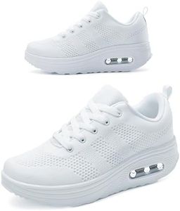 RUIDENG Rocker Shoes for Women Lightweight | Platform White Sneakers for Women Walking On Air | 2 Inch Thick Bottom with Air Cushion Size 7