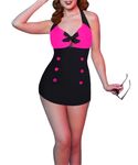 Ekouaer Womens Vintage Striped One Piece Swimsuit Monokini Boyleg Bathing Suit Swimwear, Black Pink, XXL