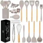 Home Hero 33 Pcs Kitchen Cooking Utensils Set, Non-Stick Silicone Cooking Kitchen Utensils Spatula Set with Holder, Wooden Handle Silicone Kitchen Gadgets Utensil Set (33 Pcs - Khaki)