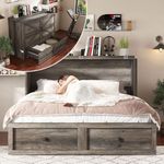 Jocisland Queen Murphy Bed with Storage & Charging Station, Farmhouse Murphy Cabinet with Foldable Panel, Noisy Free, for Living Room, Guest Bedroom, Office, Rustic Grey