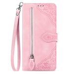 NEXCURIO Zip Wallet Case Compatible with Apple iPhone X/iPhone XS Phone Case Wallet with Credit Card Holder Strap Stand Women Leather Flip Case Floral Folding Cover Shockproof - Pink