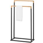 MyGift 33 Inch Black Chrome Plated Metal Freestanding Bathroom Towel Rack Stand with 2 Tier Bamboo Wood Bar, Laundry Room Drying Rack Stand