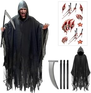 Déguisement Halloween Effrayant, Déguisement Faucheuse Adulte, Costume De Fantôme Cape Femme Homme Avec Tatouage Cicatrice, Faucille Tenue Pour Vampire Sorcière Diable Demon Zombie Moine Pretre (M)