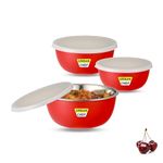 URBAN CHEF Microwave Safe Bowl | 1 Year Warranty | Diwali Gifts, Serving Bowl with Lid, Mixing Bowl, Oven Bowl Set Microwave, Flora Stainless Steel Bowl Set of 3 with 500ml, 800ml & 1250ml (Red)