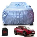 GARREGE Tata Curvv Car Body Cover for 2024 Model Waterproof with Mirror Pocket and Soft Cotton Lining Elacstic in Four Places Triple Stitched (Metallic Silver Blue Piping Style)