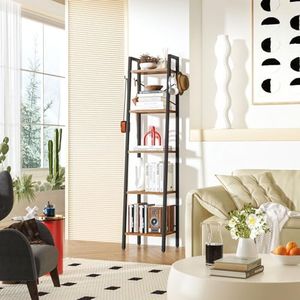 YMYNY 160CM Librería, Estantería de Escalera con 4 Ganchos, Estantería de 5 Niveles, para Salón Dormitorio Cocina Oficina en Casa, Estilo Industrial, Marco de Metálica, Marrón Rústico HBC025H