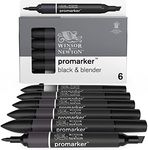 Winsor & Newton, Promarker, Black & Blender, Set of 6, Alcohol Based Dual Tip Markers