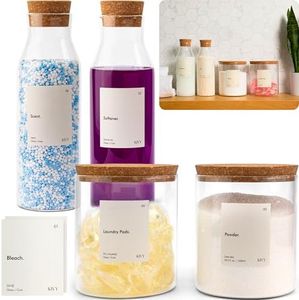 KIVY Glass Detergent Dispenser Container Set of 4 [INCL Labels] Large Glass jars for Laundry Room Organization Decor - Laundry soap dispenser for liquid detergent dispenser - Fabric softener dispenser