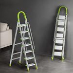 BUILDSKILL Aluminium Ladder for Home 7 Steps | 36x16cm Wide Anti-Slip Aluminium Steps | Stainless Steel Body | Handrails | Load 150 Kg | Foldable Lightweight 8.15KG Ladder for Kitchen, Office & Home
