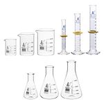 Eisco Chemistry Lab Glassware Set, 9 Pieces - Includes 3 Beakers, 3 Erlenmeyer Flasks & 3 ASTM, Class A Graduated Cylinders - Borosilicate 3.3 Glass – Labs