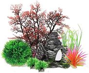 Aquarium Fish Tank Plastic Plants and Cave Rock Decorations Decor Set 7 Pieces, Fish Tank Accessories Aquarium Decorations Rock Plants, Small and Large Artificial Fish Tank Plants with Cave Rock