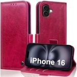 Wallet Case for iPhone 16 6.1-Inch with Card Holder, Premium PU Leather Shockproof Protective Phone Cover, iPhone16 Flip Folio Case Apple iPhone 16 Case, Cover for iPhone 16 with Stand Feature - Red