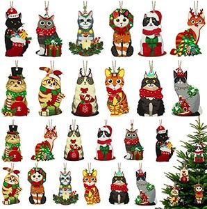 36 Pcs Christmas Cat Ornament Set Wooden Cat Christmas Decorations Hanging Cat Christmas Tree Ornaments Cat Kitty Lovers Wood Decorations for Christmas Kids Holiday