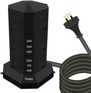 Powerjc Tower Power Strip USB Surge Protector Socket 12 AC Outlets with 5 USB or 1 USB C PD 25W totals 6A Ports Chargers 3M Long Extension Cord SAA Certified Black