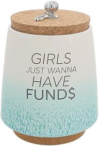 Pavilion 'Girls Just Wanna Have Funds' 6.5-Inch Ombre Teal Money Ceramic Jar with Cork Lid & Base for Girls - Unique Decorative Coin Bank, Savings, & Fund Jar - Home Decor or Present for Birthdays