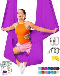 Aerial Yoga Hammock Kit 5.5 Yards Aerial Silks Yoga Swing Flying for Home Antigravity Inversion Flexibility Core Strength Exercise, All Levels, with Hardware Straps Guide (16.5x9.2ft), Purple