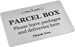 Parcel Box Sign - Metal, aluminium with adhesive, notice for deliveries, packages and post. Don't lose any deliveries again. (Silver)