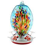 REZIPO Glass Hummingbird Feeder for Outdoors Hand Blown Glass 30 Ounces Colorful Patio Garden Hummingbird Feeder with Hooks, Brush and Service Card (Blue)