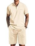 COOFANDY Men's 2 Piece Linen Set Short Sleeve Henley Shirts and Shorts Summer Yoga Beach Pants Set