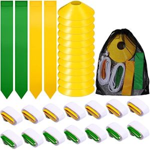 14 Player Flag Football Set, Includes 14 Flag Football Belts, 12 Cones, Carrying Backpack Football Stuff for Flag Football, Yellow, Green, One Size