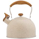 2.6 Quart/2.5 L Whistling Tea Kettle Stainless Steel Tea Pots for Stove Top Stylish Kettle with Wood Pattern Anti-Slip Handle, White