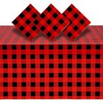 BLUE PANDA 3 Pack Buffalo Plaid Plastic Tablecloth for Lumberjack Birthday Party Decorations, Disposable Red and Black Table Cover (54 x 108 in)