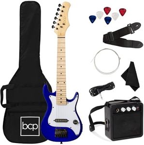 Best Choice Products 30in Kids Electric Guitar Beginner Starter Kit w/ 5W Amplifier, Strap, Gig Bag, Strings, Picks - Metallic Blue